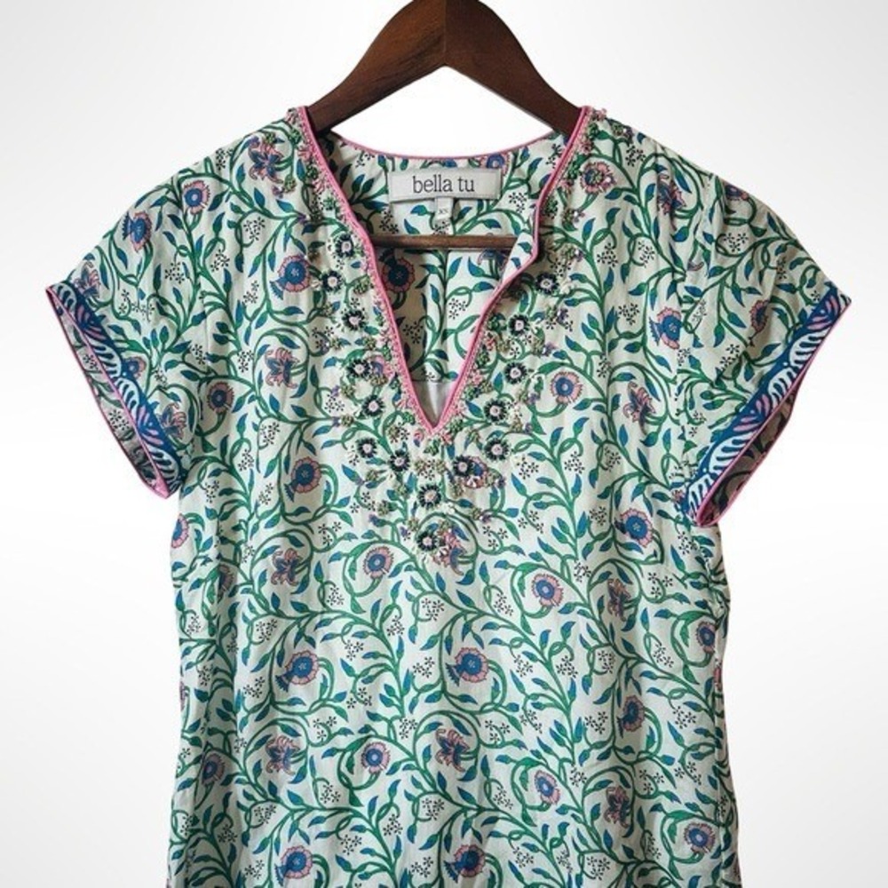 Bella Tu Savannah Floral Border Print Beaded Embroidered Tunic Dress XS Resort - Picture 3 of 12